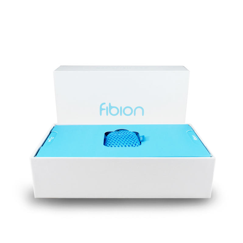 A white and blue box with the text "fibion" contains a blue mesh object partially visible inside.