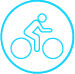 A person riding a bicycle in a blue circle.