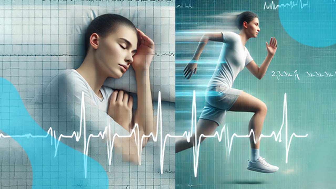 A single post displays a woman sleeping on the left, with an ECG line overlay connecting to her running energetically on the right, crafted using Elementor. This striking imagery suggests a powerful link between sleep and athletic performance. #4375.