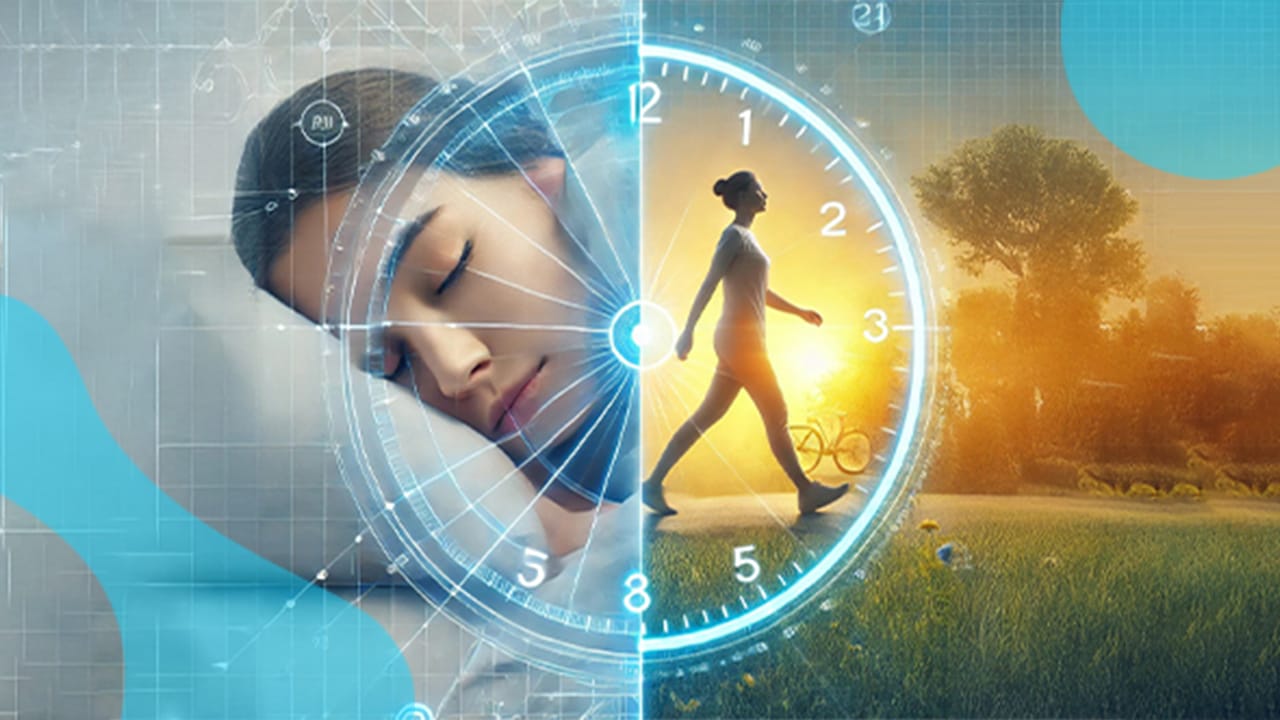 A split image of a woman sleeping and walking outdoors, divided by a clock face, captures the essence of life's balance. #4375.