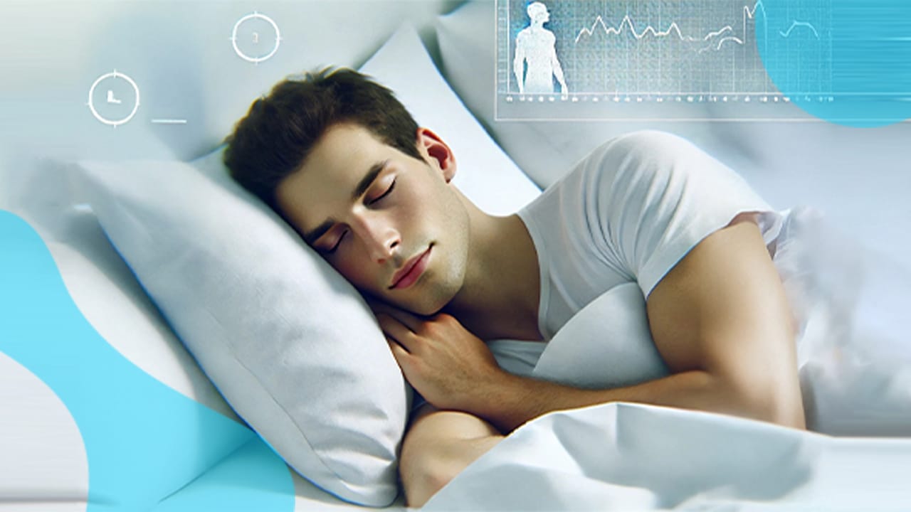 A person sleeps peacefully in bed, surrounded by digital graphics of health metrics, clock symbols, and a stylish Elementor design theme subtly enhancing the scene.