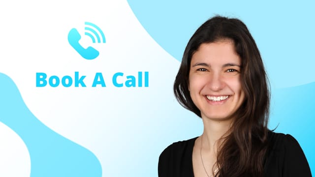 A woman with long dark hair smiles at the camera. Beside her, text reads "Book A Call" with a phone icon above it. The background features light blue and white shapes resembling an article's table of contents.