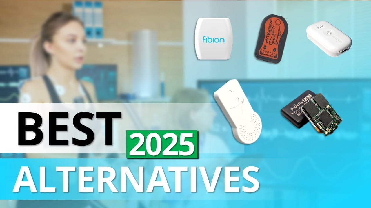 A blurred individual in the background with the text "Best 2025 Alternatives" in focus. Various tech gadgets, including 2024 accelerometers ideal for physical activity research, are displayed above the text.