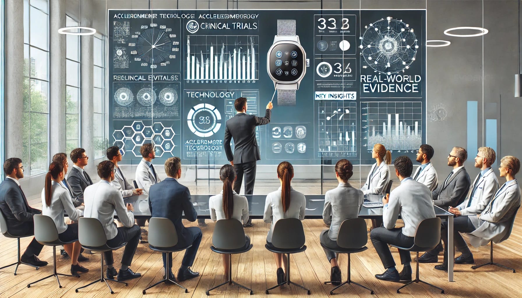 A man presents clinical trials data on a large screen to a group of professionals seated in a conference room.