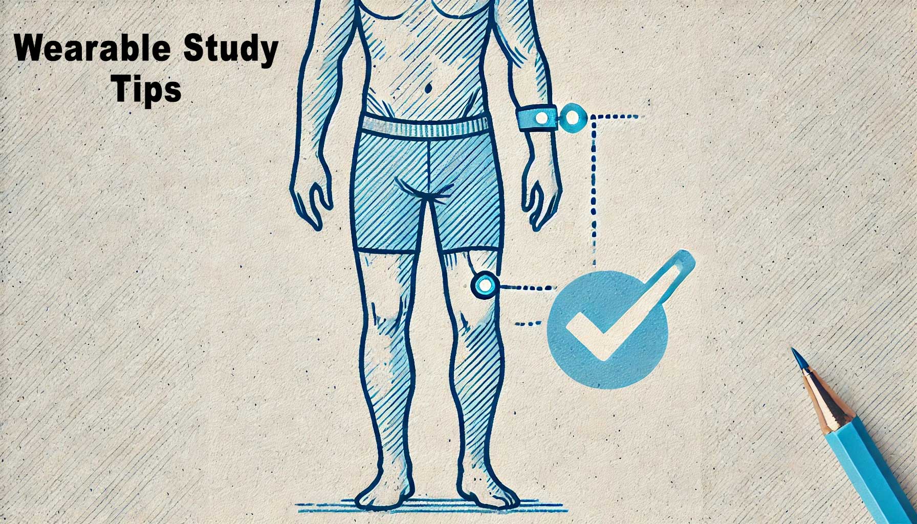 Illustration of a person with wearable tech on the arm and thigh, labeled "Wearable Study Tips," highlights participant compliance with a check mark and pencil on the side.