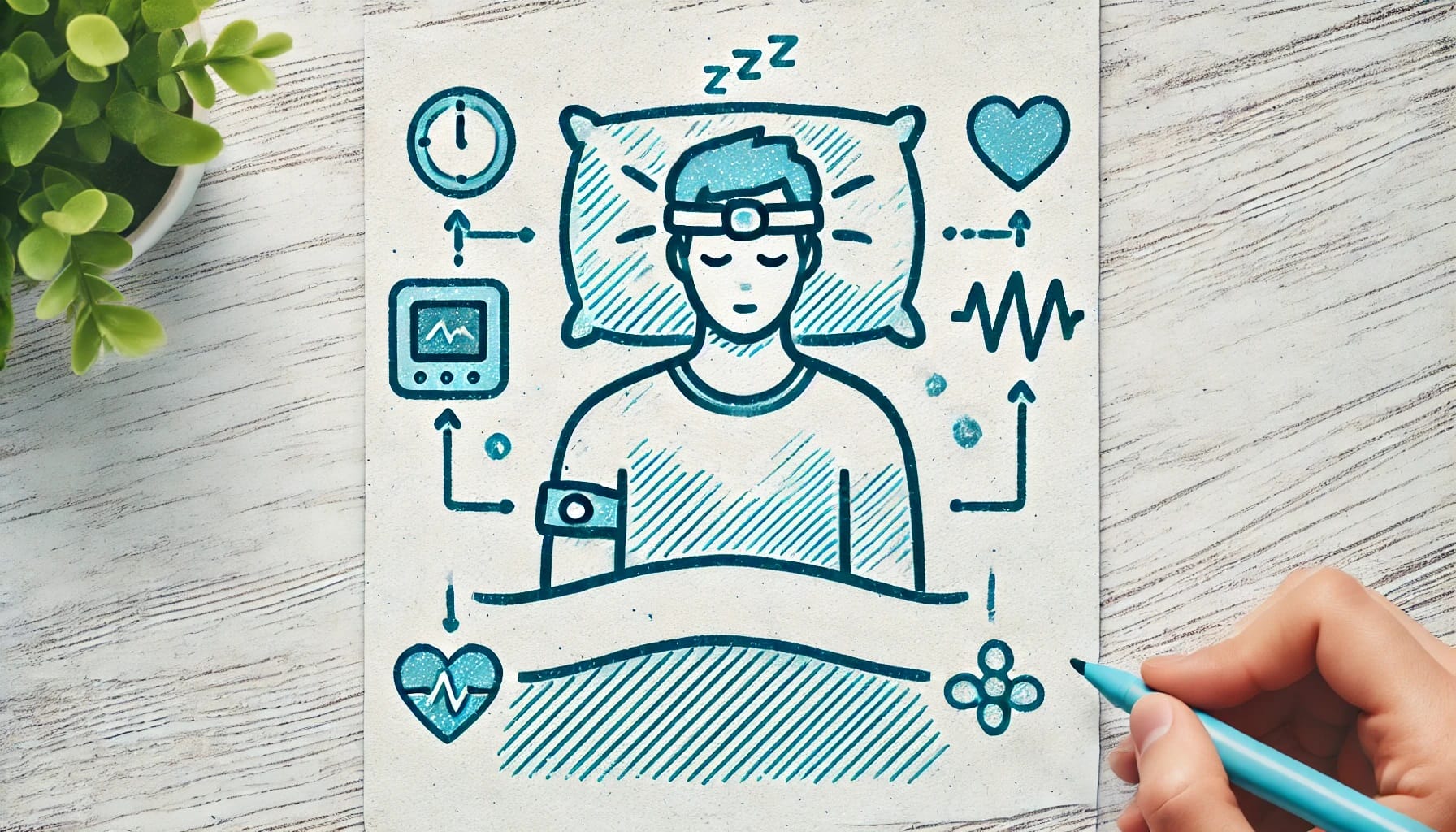 Illustration of a person sleeping in bed with various wearable monitors, including a heart rate monitor, blood pressure cuff, and brain activity monitor, highlighting ongoing research into sleep breathing disorders.