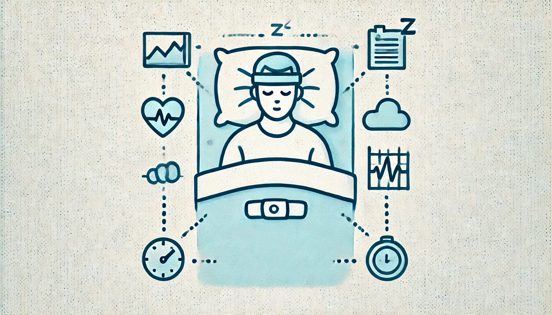 Illustration of a person lying in bed with a multifunctional wearable sleep monitoring device on their head, surrounded by various icons representing sleep data like heart rate, brain activity, and time.