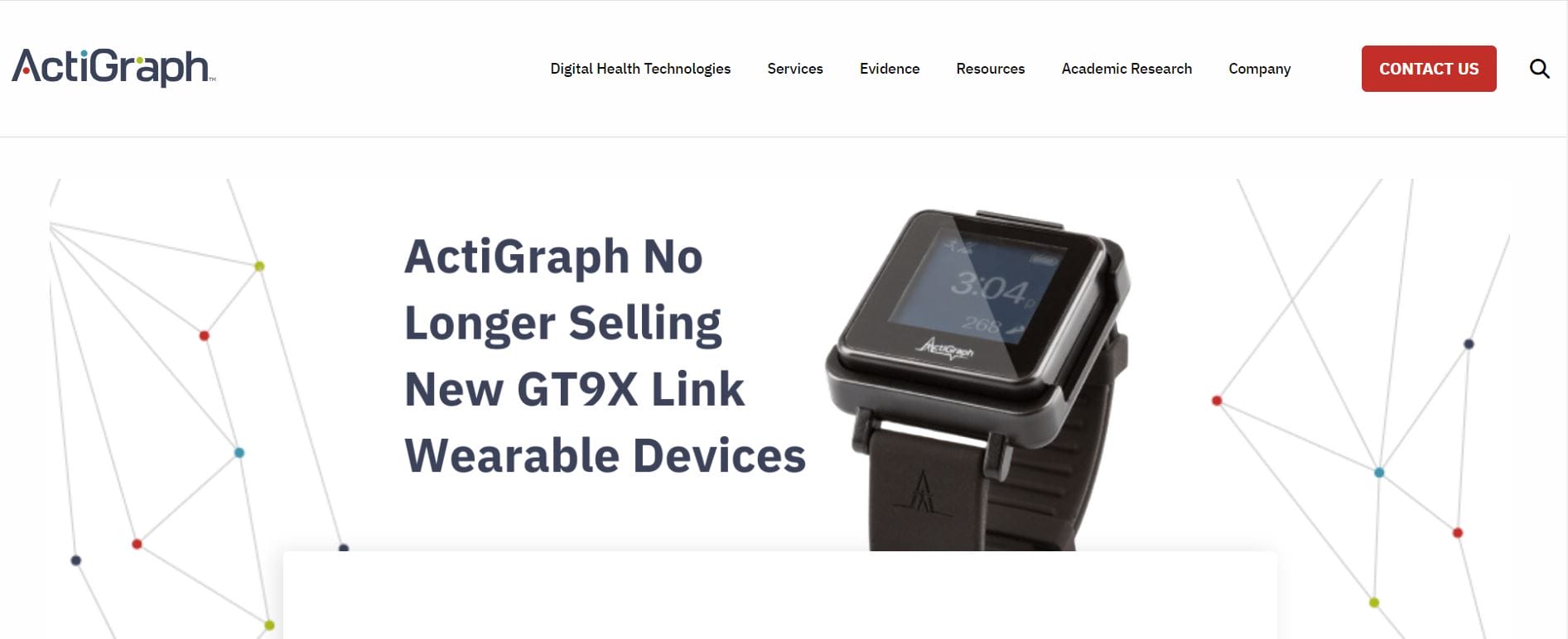 A wearable ActiGraph GT9X device displaying the time "3:04" on a plain background, with a headline announcing the discontinuation of GT9X Link sales.