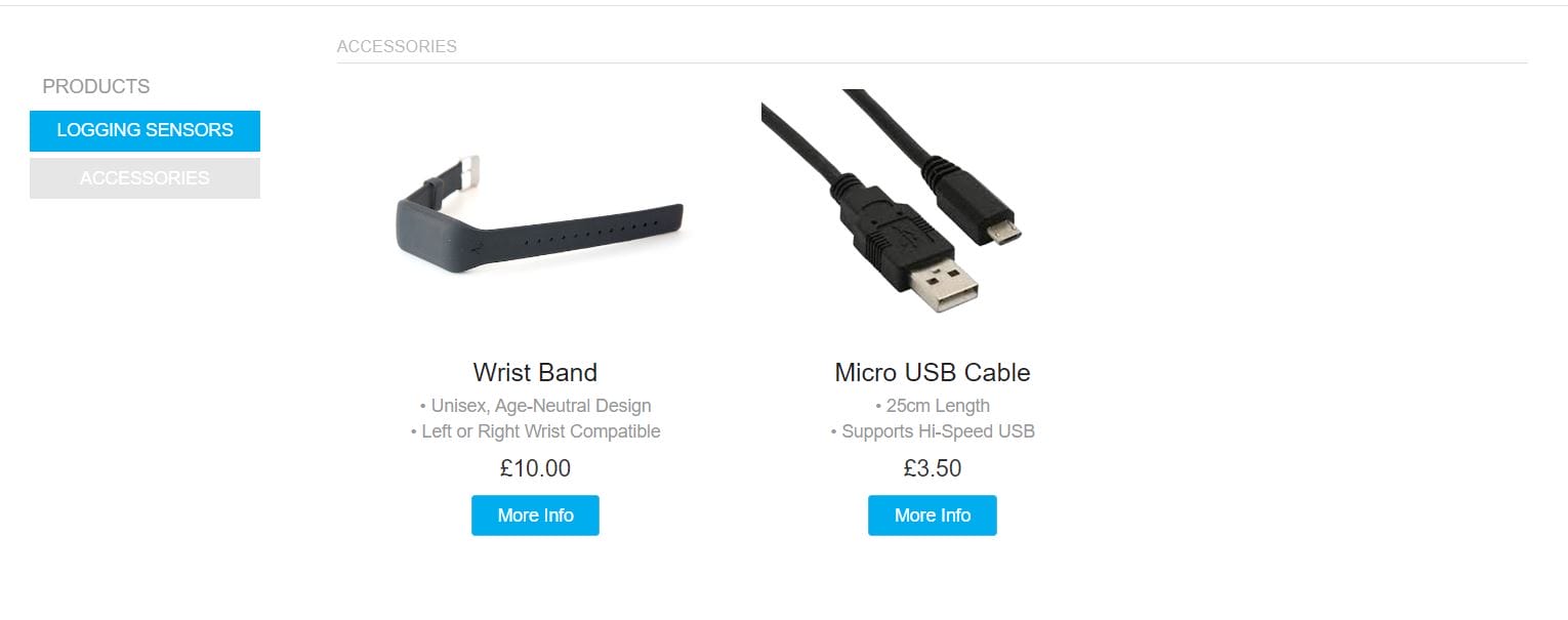 Image of a wristband and a micro usb cable displayed with prices and descriptions; wristband labeled £10.00 and usb cable £3.50, both with "more info" links.