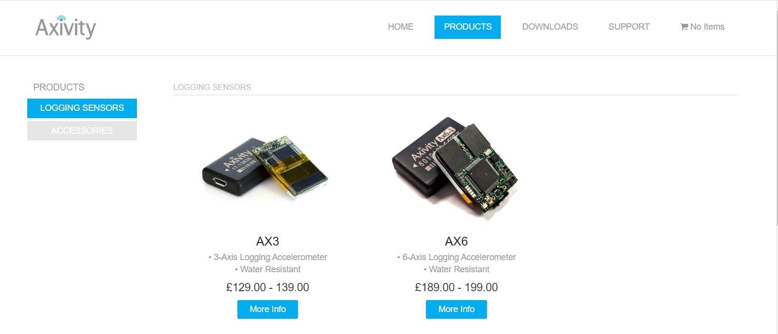 Webpage screenshot displaying axivity's products, specifically ax3 and ax6 logging accelerometers, including product images, descriptions, and prices.