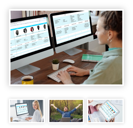 A person at a desk works on two computer screens displaying information while a coffee cup and notebook lie nearby; three smaller images at the bottom depict people using computers and one person outdoors, possibly creating a comparison sheet.