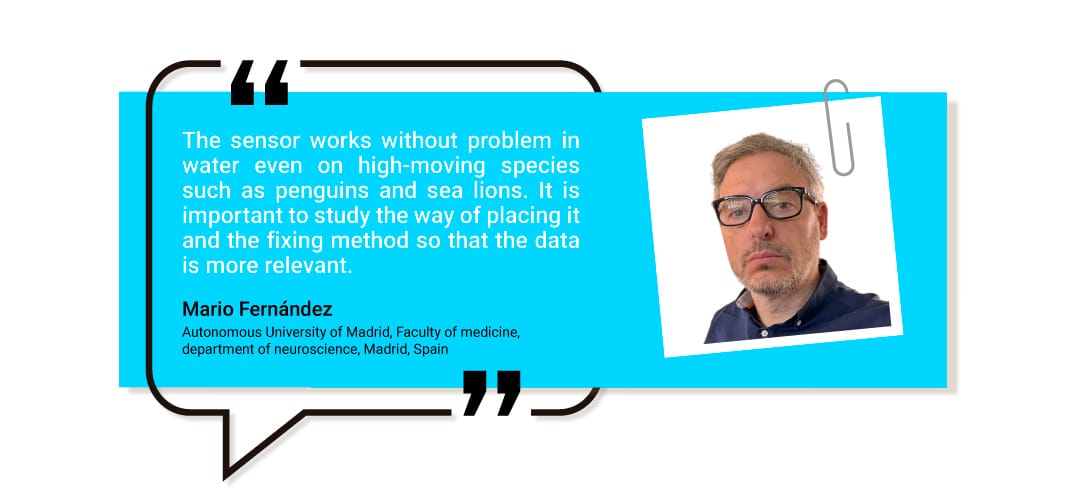 Middle-aged man with glasses in a portrait beside a speech bubble quoting Mario Fernández on SENS motion sensor placement for studying high-moving species.