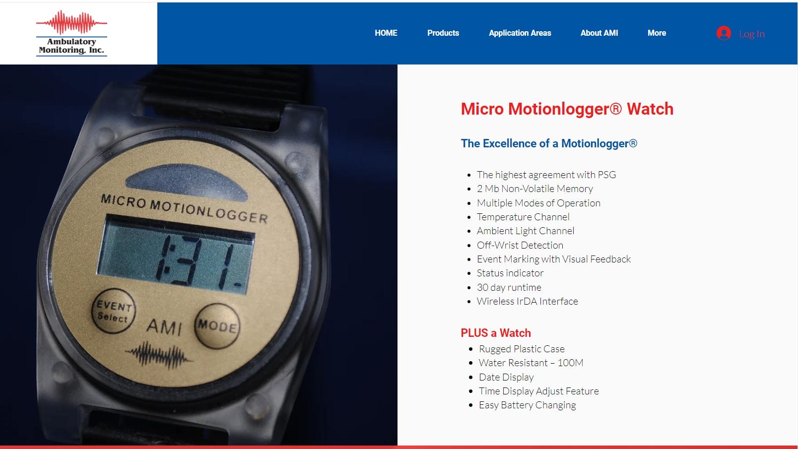 A digital wristwatch with labeled buttons and display, showing "Micro Motionlogger Watch" on its screen, featured on a company's promotional website page along with pricing guide.