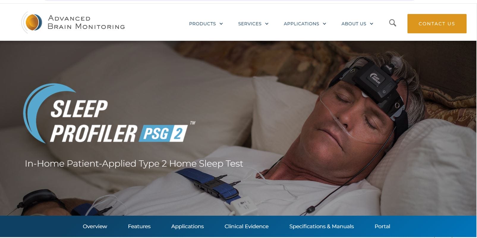 Man lying on a bed wearing sleep monitoring headgear, with text about Sleep Profiler PSG2 Home Test and pricing guide on Advanced Brain Monitoring website banner.