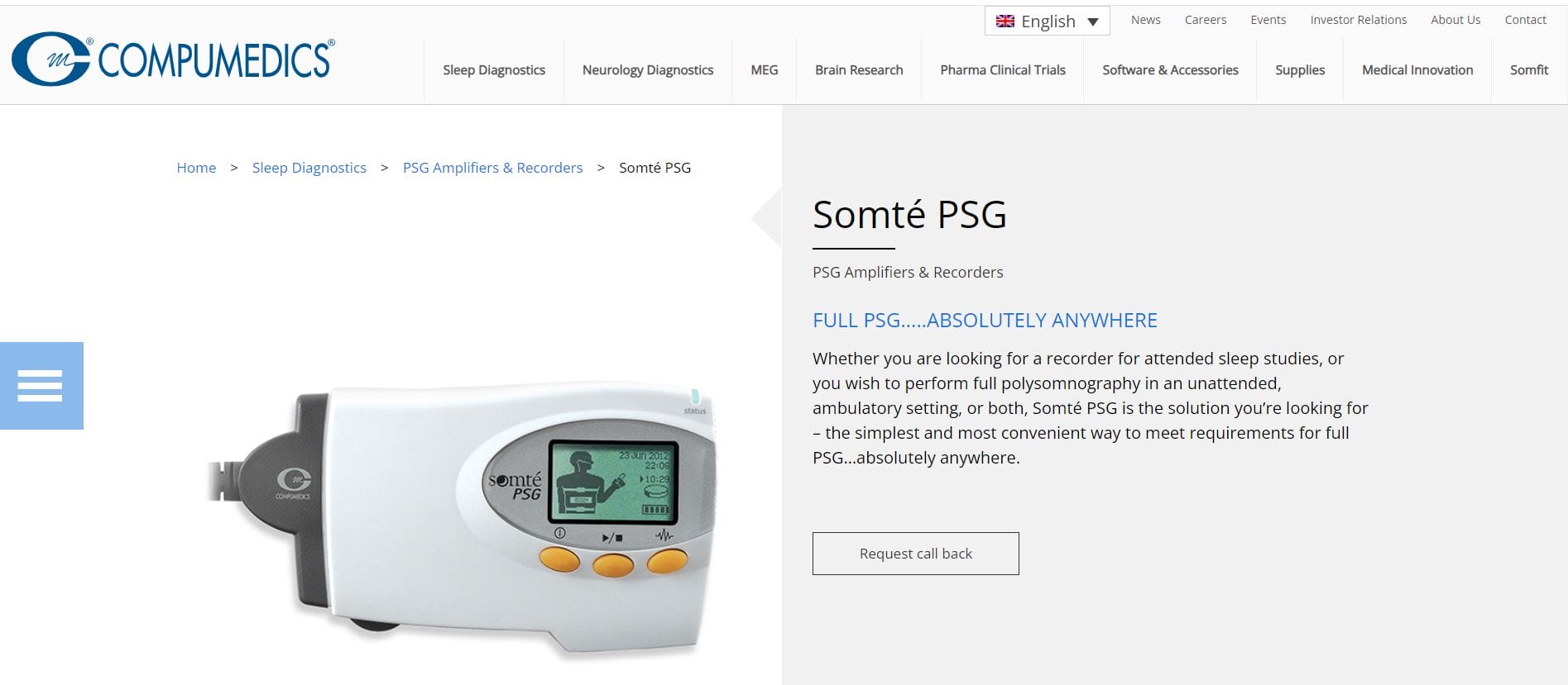 A Somté PSG amplifier and recorder for sleep studies, displaying information on its small screen, set against a plain background with the company's website interface visible.