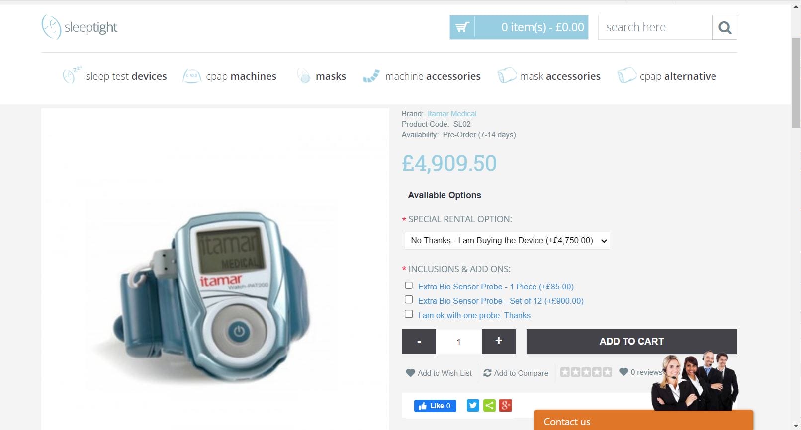 Screenshot of an online medical supply store page featuring a WatchPAT 200 CPAP machine priced at £4,909.00 with additional rental options listed.
