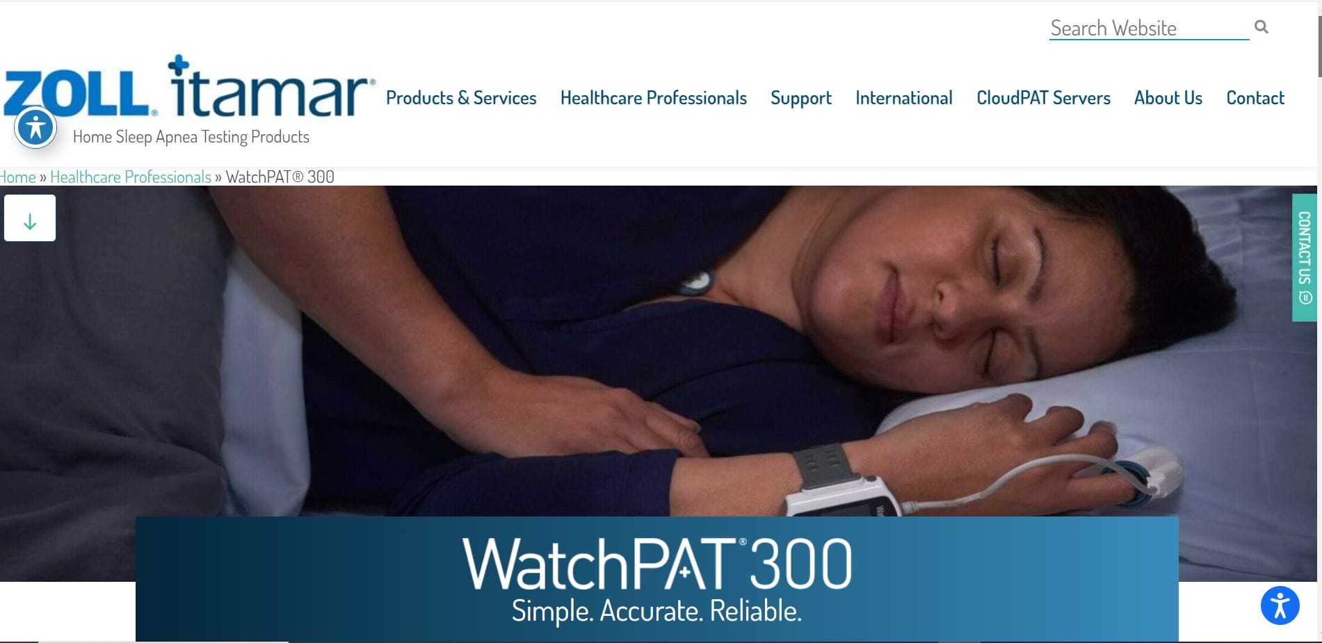 A woman sleeping in bed while wearing a WatchPAT 300 device on her wrist, with promotional text overlay for the sleep testing product including a pricing guide.