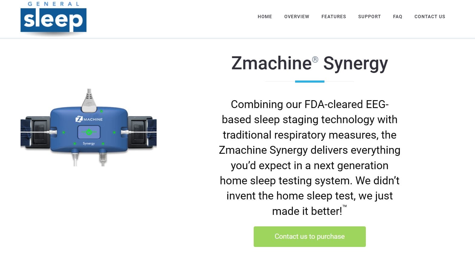 Website homepage for general sleep, featuring the Zmachine Synergy, an FDA-cleared EEG-based sleep technology device, with navigation tabs and a contact button.