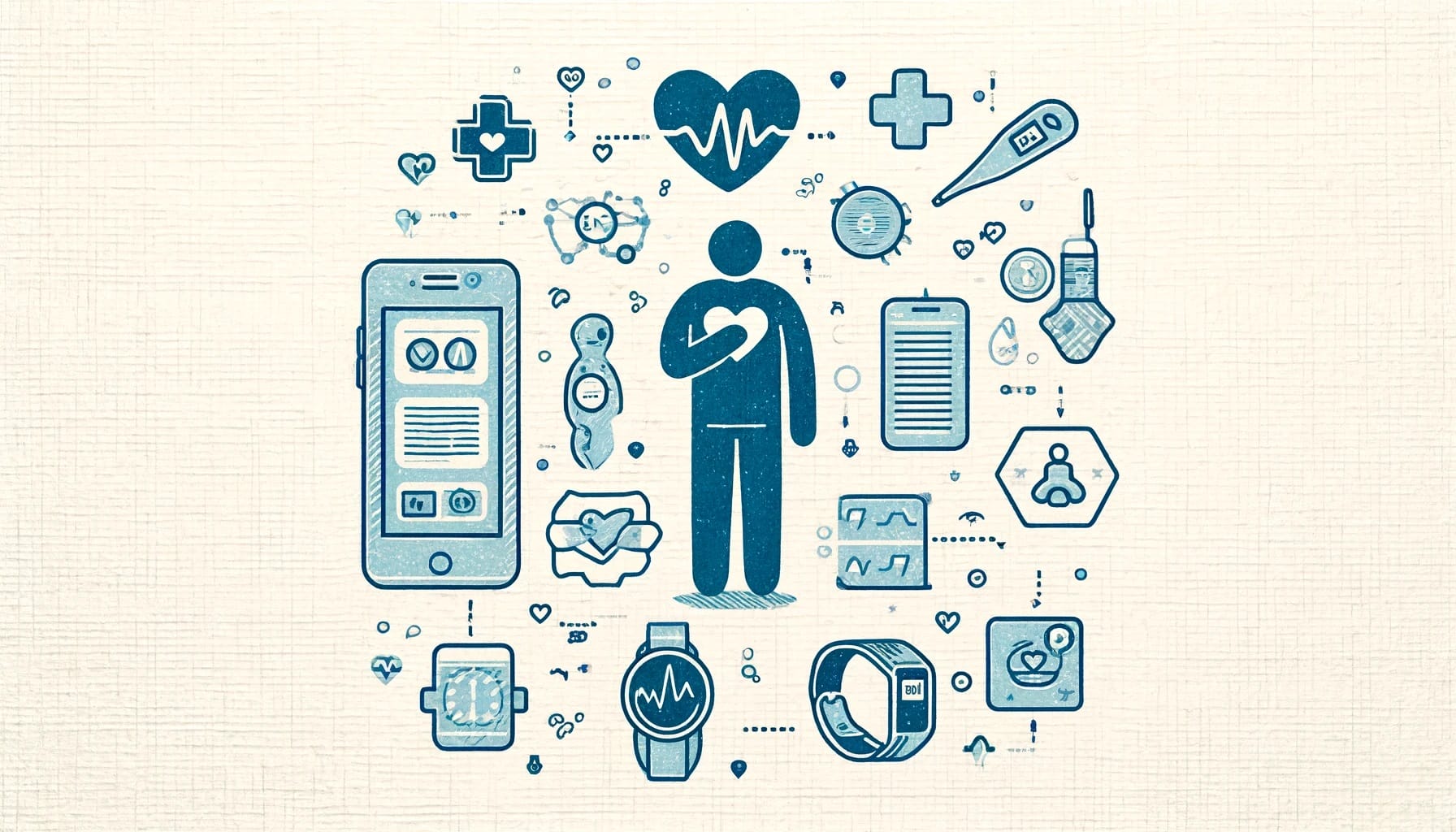 Illustration of a person surrounded by digital health technologies and health icons, including a smartphone, clipboard, heart, and various healthcare symbols.