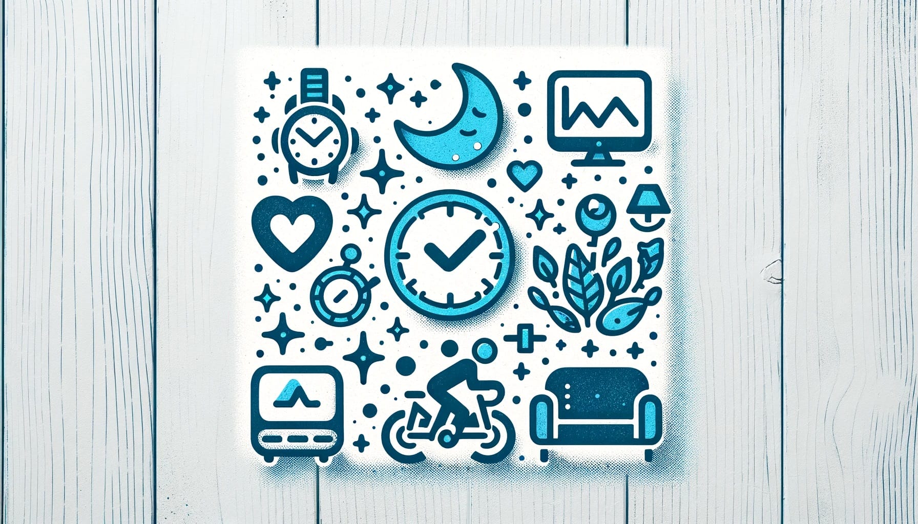 Illustration of various everyday icons including a watch, moon, computer screen, heart (symbolizing digital health technologies), clock, plant, bus, bike, and couch, styled in blue on a white