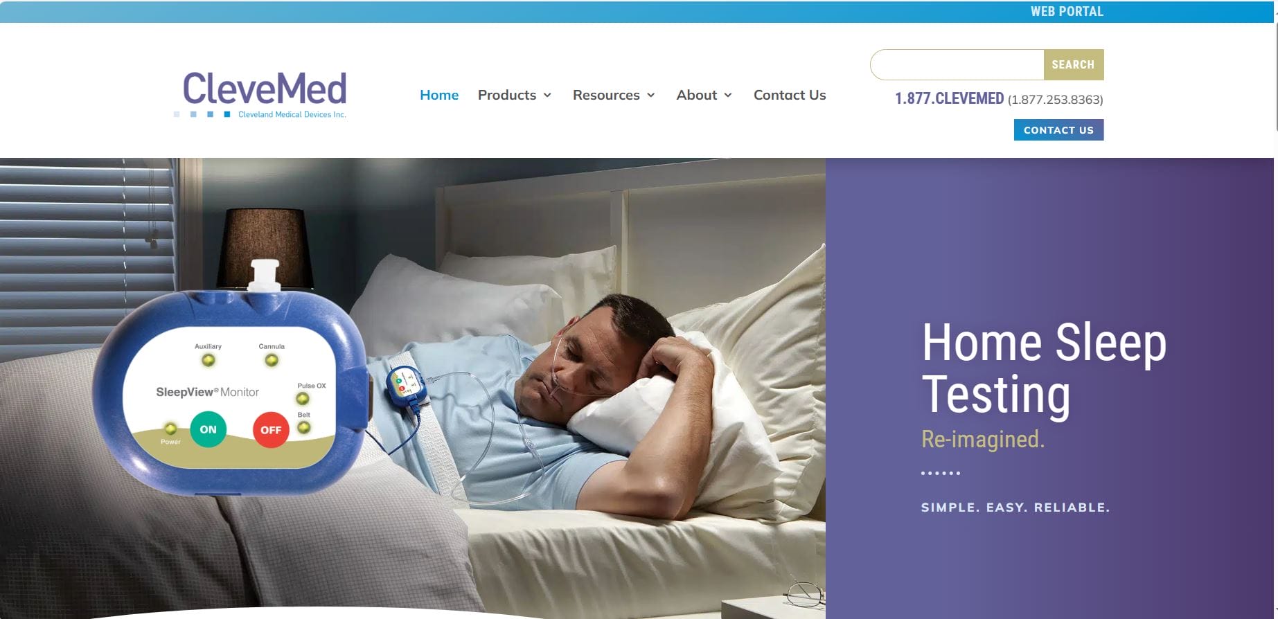 A man sleeping with a sleep monitoring device next to him, on a webpage for Clevemed's home sleep testing services featuring the SleepView guide.