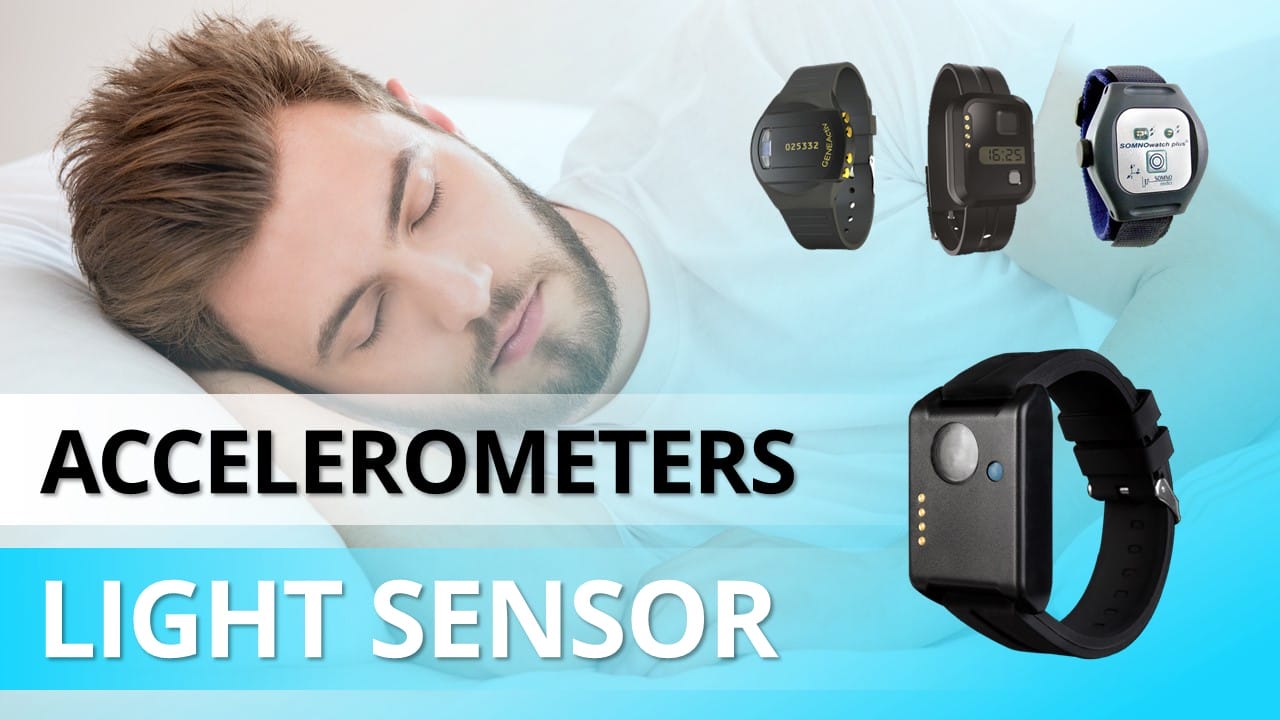 A man sleeps on a pillow, with four types of wrist-worn sleep tracking devices displayed beside him. The text overlays read "ACCELEROMETERS" and "LIGHT SENSORS." This research highlights the latest advancements in sleep technology.