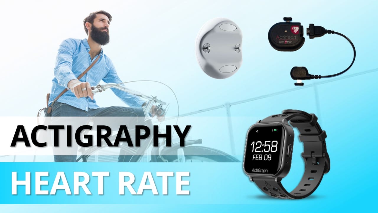 Collage showing a bearded man on a bicycle, a wearable device, a heart rate monitor, and a smartwatch with "ACTIGRAPHY" and "HEART RATE" text overlayed, highlighting comprehensive research in tracking fitness metrics.