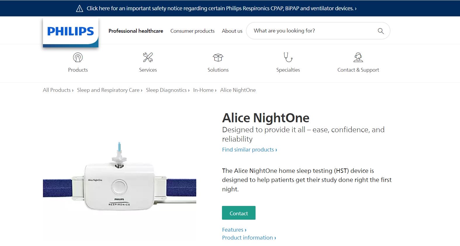 A webpage from Philips showcasing the Alice NightOne sleep testing device, which is designed to help patients test their sleep within the comfort of their home. The device includes straps and a sensor.