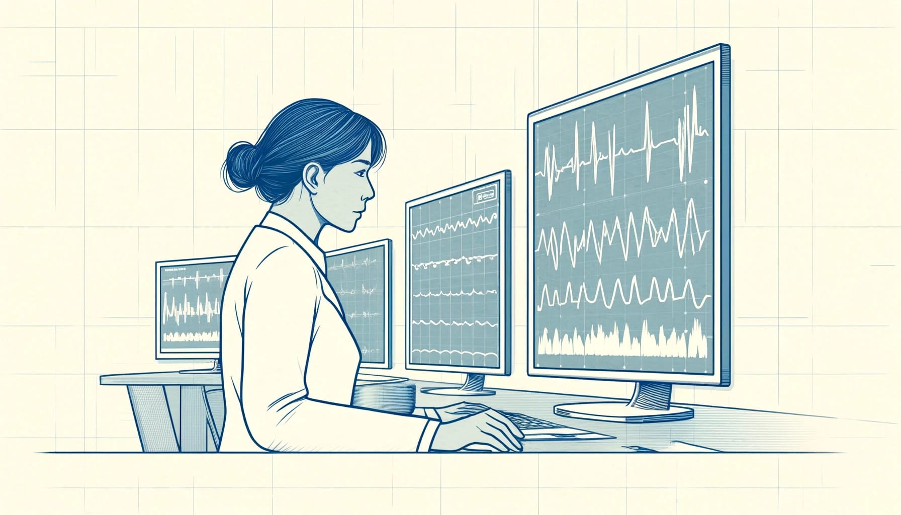 A woman analyzes data on multiple computer screens displaying graphs and waveforms related to depression research in a stylized illustration.