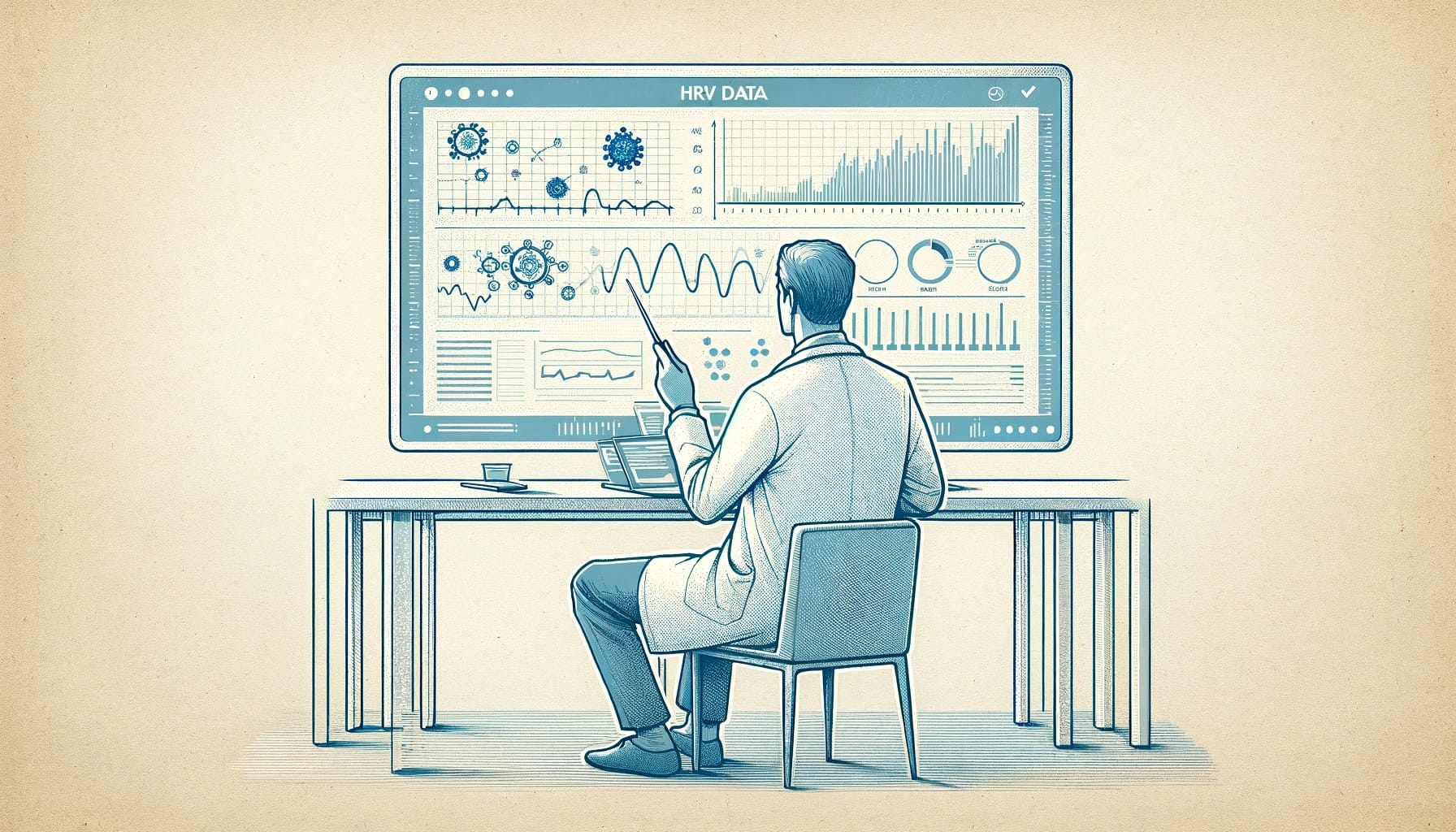 A man in a lab coat sits at a desk, analyzing heart rate variability (HRV) data for depression research on a large digital display, with graphs and charts.