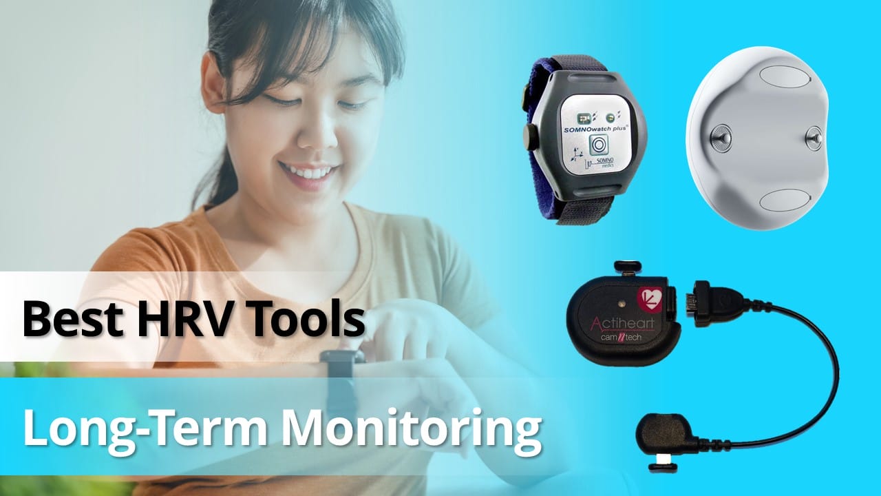 A person checks their wrist device, with text "Best HRV Tools" and "Long-Term Monitoring," accompanied by images of four of the best HRV tools for effective long-term monitoring.