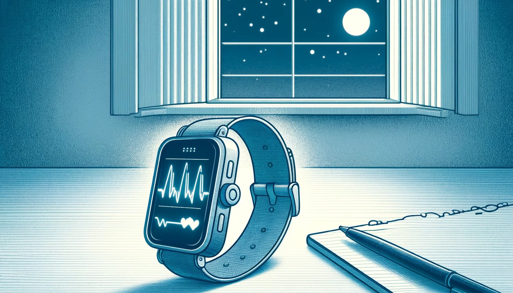 Illustration of a smartwatch displaying a heart rate graph on a table, with a pen beside it, under the light of a full moon visible through an open window, highlighting Autonomic Research.