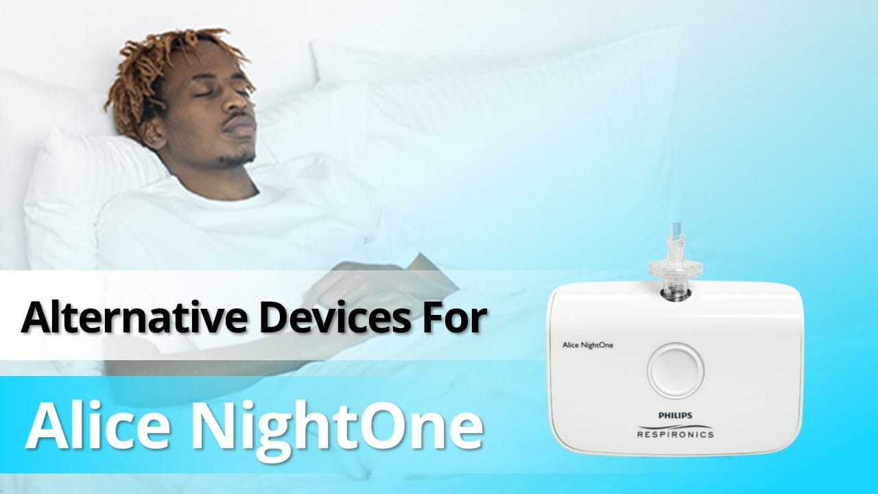 A person sleeps in a bed next to an image of a Philips Respironics Alice NightOne device. The text reads, “Research Devices: Philips Alice NightOne Alternative and Sleep Study Equipment.”