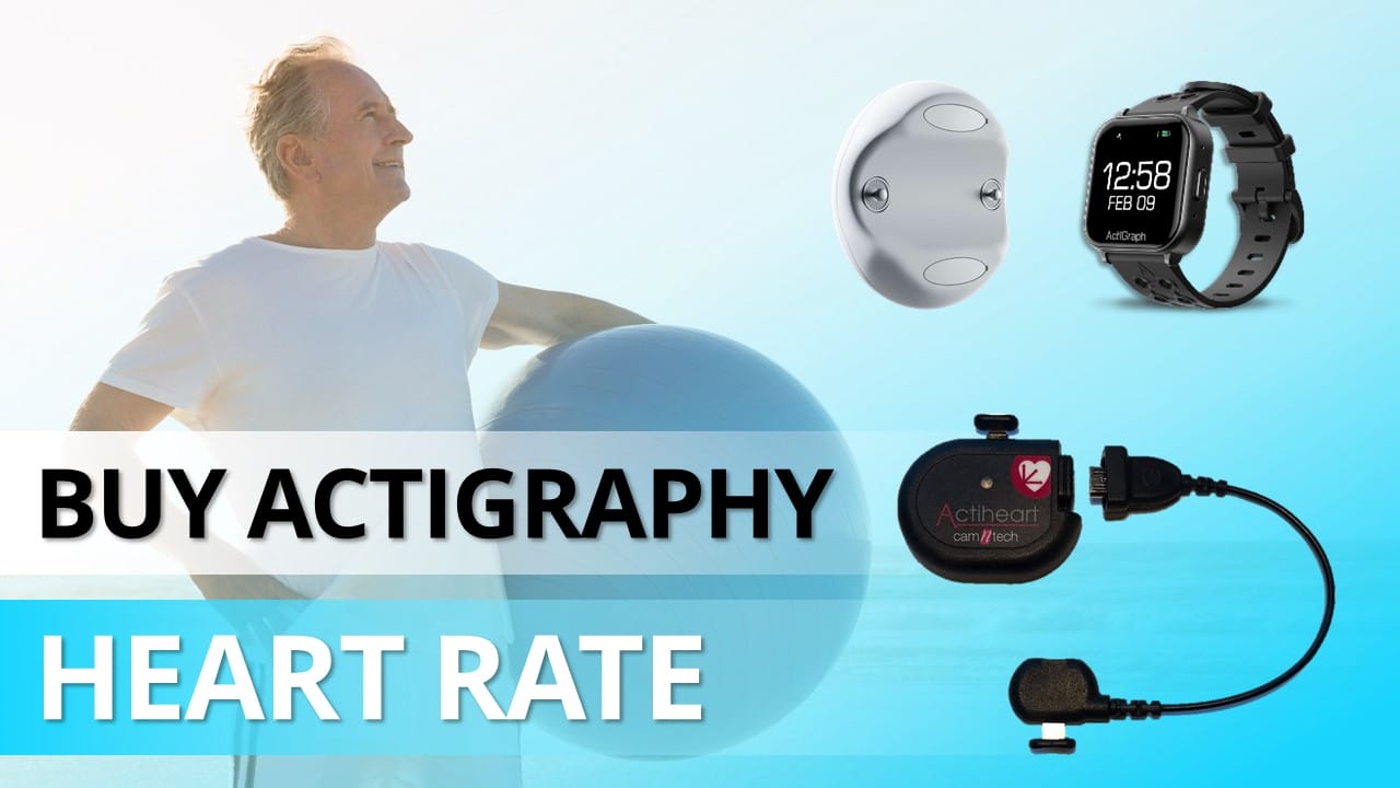 Man holding exercise ball with medical devices displayed, including an actigraphy device, a smartwatch, and a heart rate monitor. Text reads "BUY ACTIGRAPHY HEART RATE" from our Device Guide.