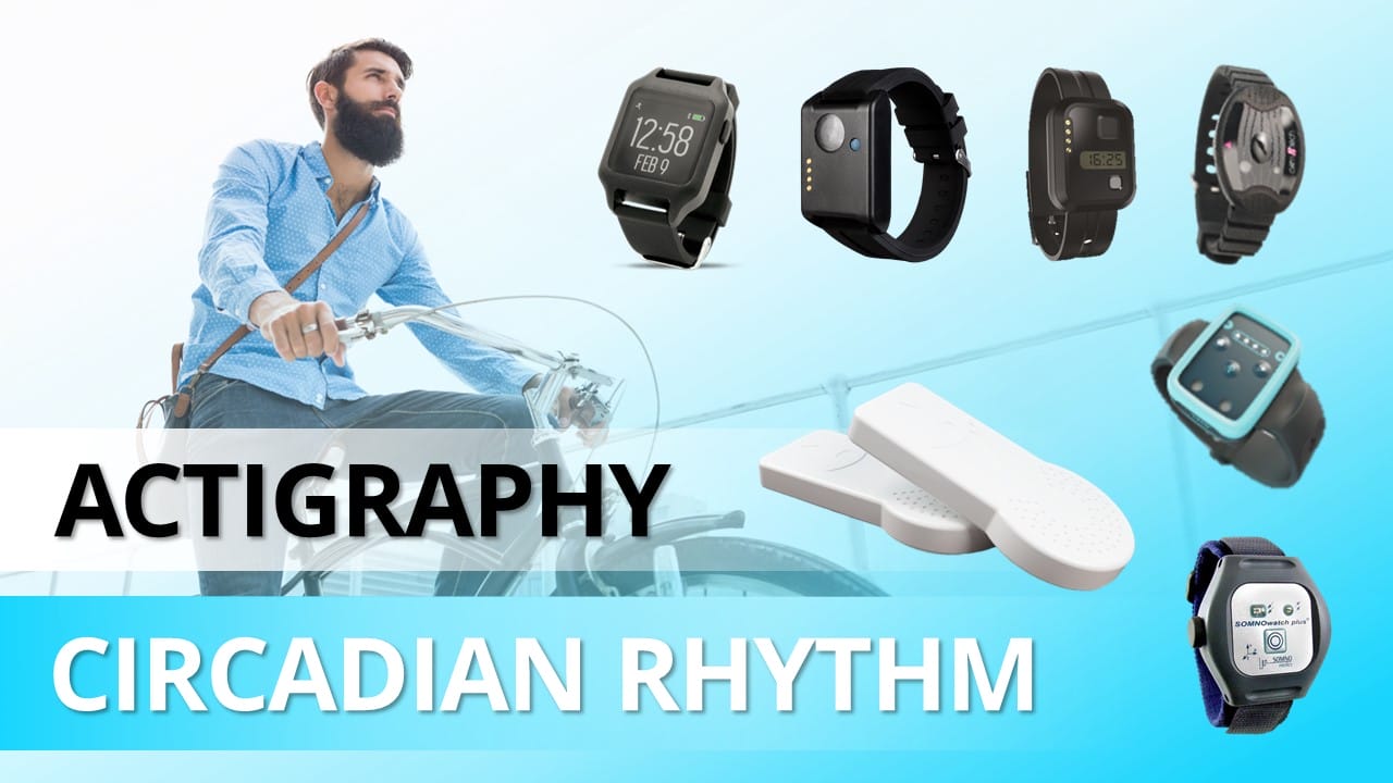 A man riding a bicycle on the left, with various wearable devices like smartwatches and wristbands displayed on the right. The text reads "ACTIGRAPHY" and "CIRCADIAN RHYTHM," showcasing research in tracking sleep patterns.