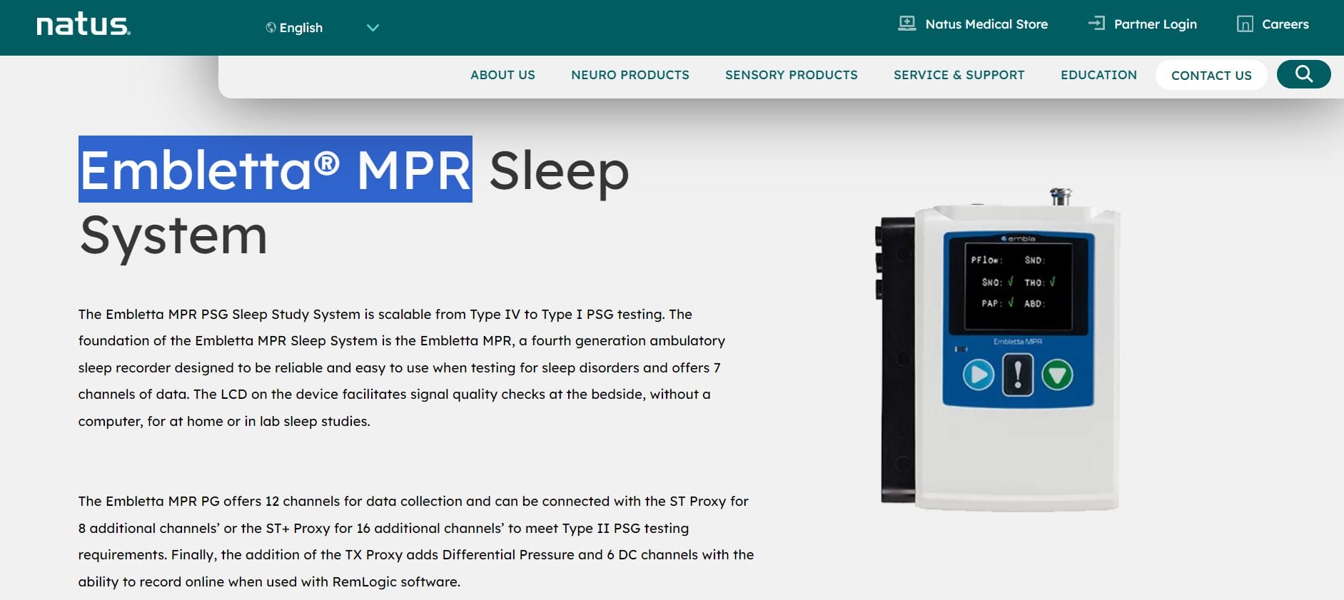 A website screenshot displaying the Embletta® MPR PSG sleep study system, a medical device for sleep studies, described on a product page with text and image.
