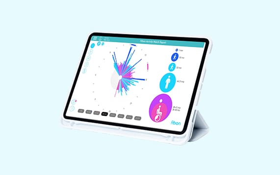 A device showcasing a Fibion Activity Watch Report on a tablet, complete with graphical data and icons symbolizing various activity levels, including an individual using a wheelchair.