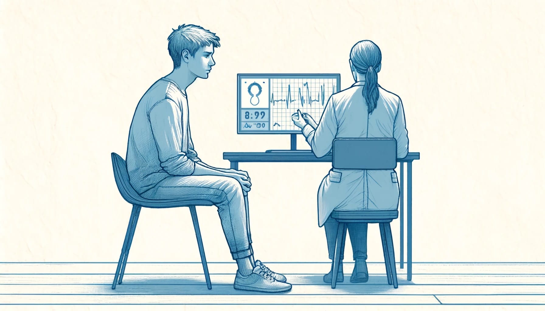 A patient sits on a chair facing a doctor who uses a computer to discuss depression research, depicted in a blue monochrome illustration.