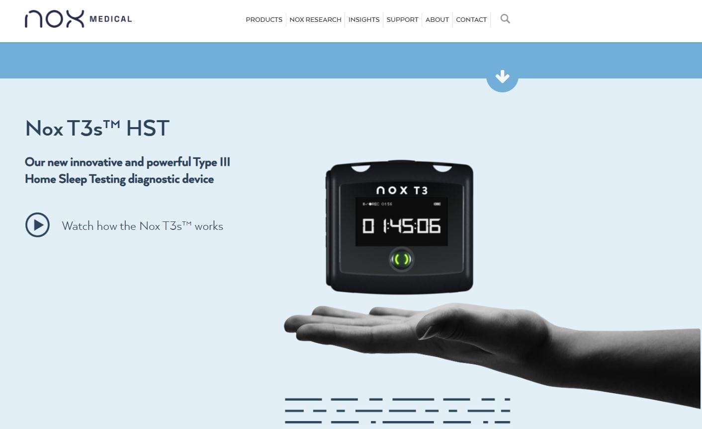 A hand holding a Nox T3s™ Home Sleep Testing device. The device's screen displays "0 1:45:06". The webpage contains a "Watch how the Nox T3s™ works" video link.