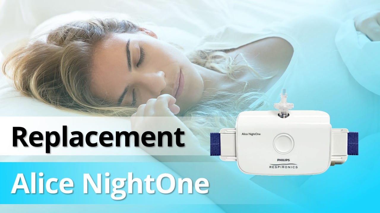 A woman peacefully sleeping next to a Philips Alice NightOne respiratory device, with the text "Replacement options for Alice NightOne" displayed.