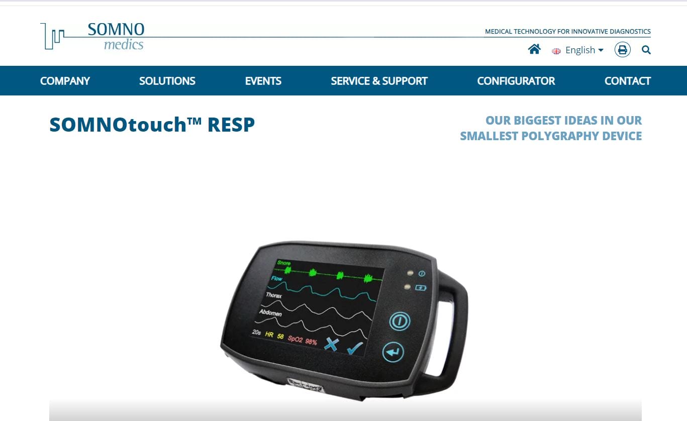 A screenshot of a SOMNOmedics webpage featuring the SOMNOtouch RESP device for polygraphy, displaying its interface with various sensor readings. The background is white with a blue and grey header, guiding users through its features and functionality.