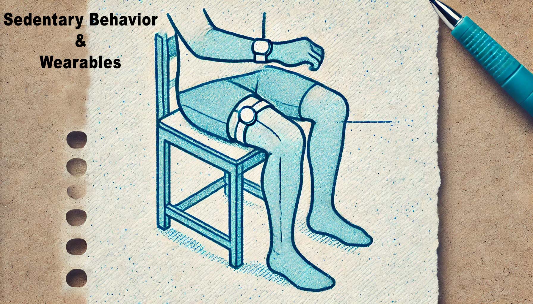 Illustration of a seated person with advanced wearable technology on the wrist and knee, labeled "Sedentary Behavior & Wearables.