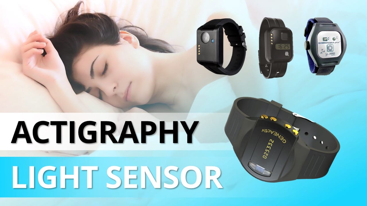 A woman sleeps, with images of various actigraphy light sensor wristbands displayed next to her. Text reads "Ultimate Guide to Actigraphy Sensors.