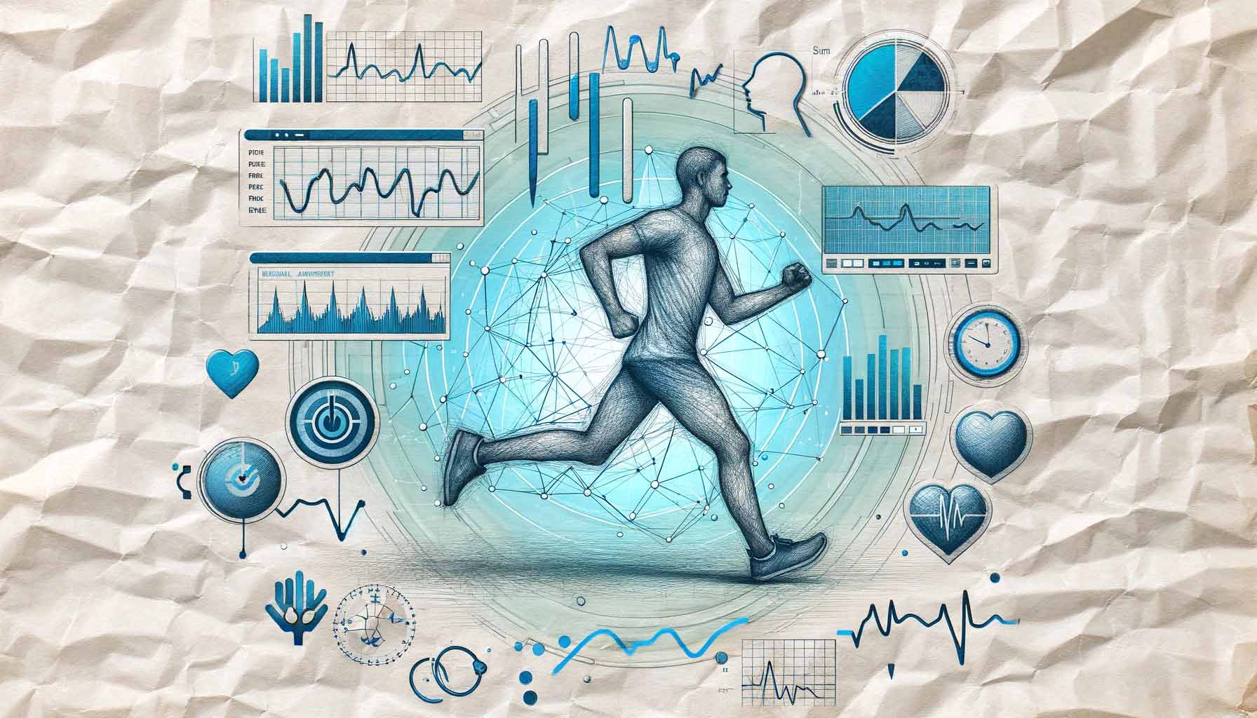 Illustration of a person running surrounded by various charts and graphs related to physical activity and health metrics on a crumpled paper background, highlighting the detailed analysis achieved through AI-driven insights.