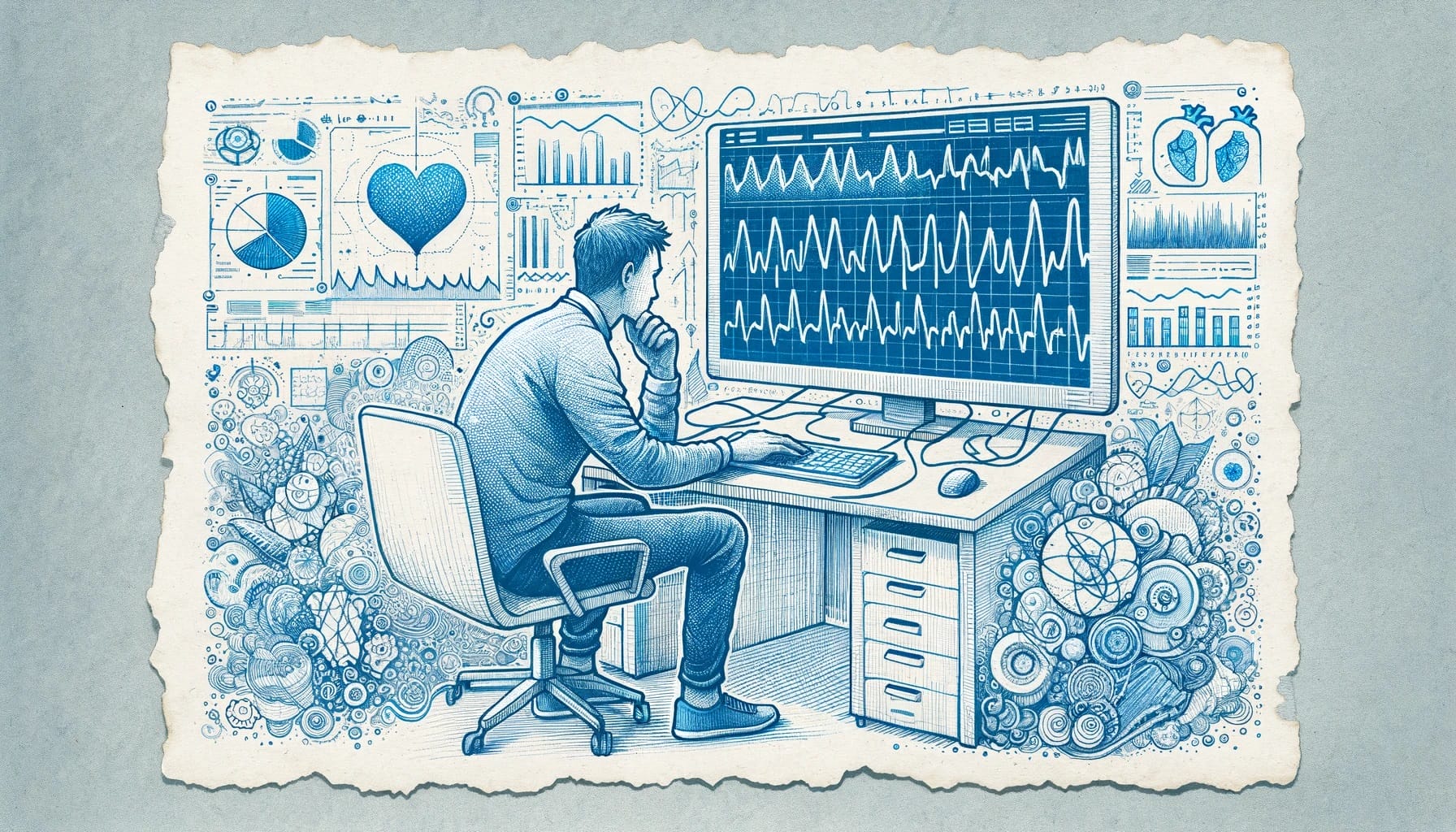 Illustration of a man analyzing complex heart rate variability data on a computer screen surrounded by various charts and mechanical elements in a monochrome, vintage style.