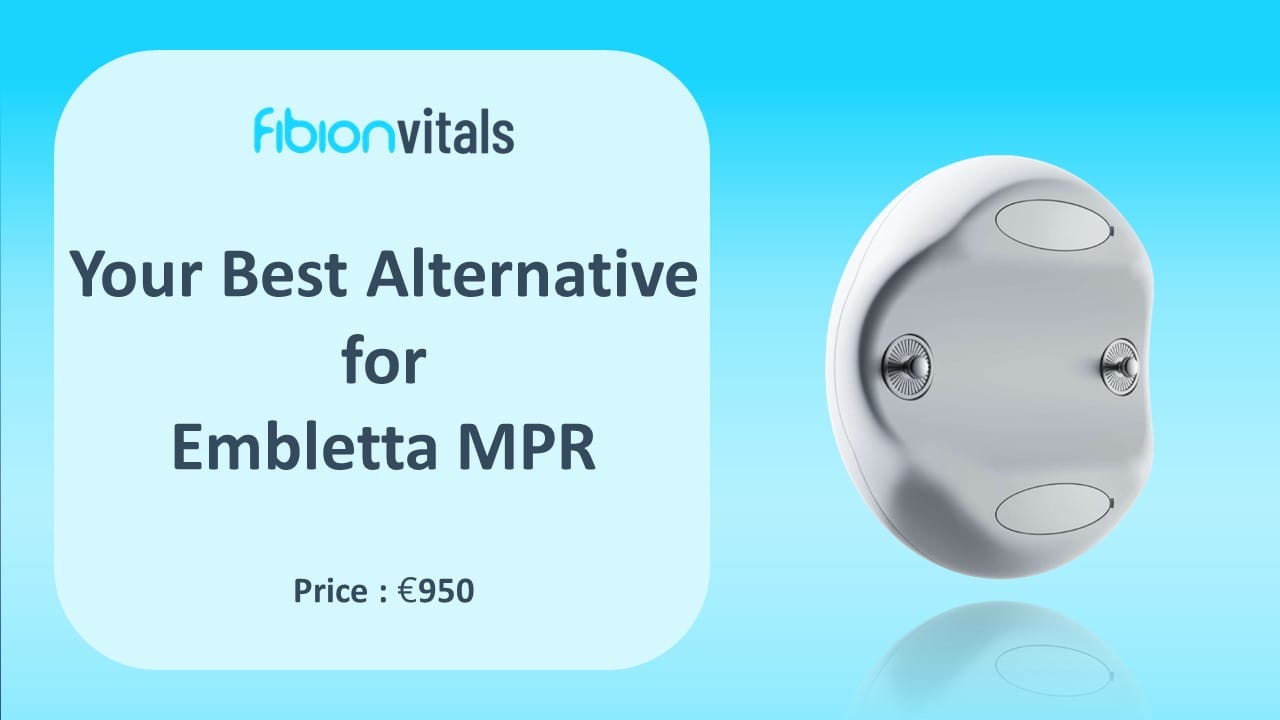 A promotional image for Fibion Vitals, showcasing a medical device with text "Your Best Alternative for Embletta MPR" and price €950 against a blue background, including an Embletta MPR pricing comparison guide.
