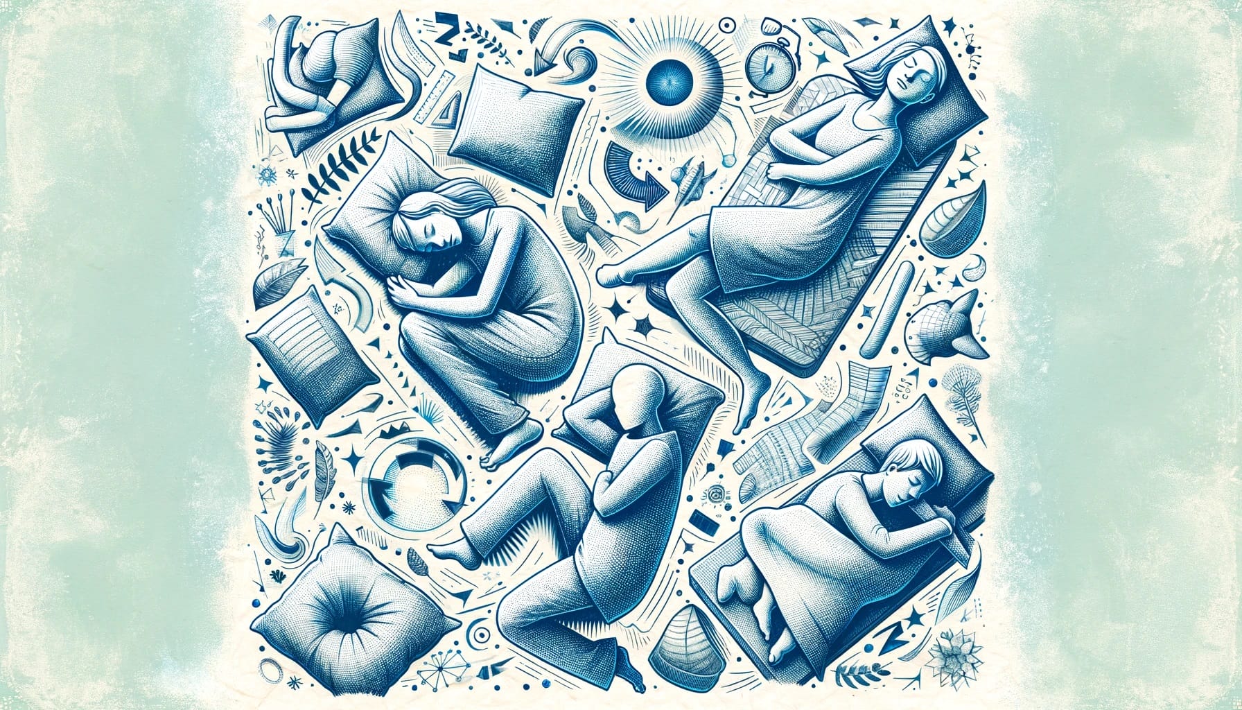 Illustration of people sleeping in various positions, surrounded by dream-like elements such as pillows, stars, and abstract shapes, all in a blue color scheme. This artwork highlights the health impacts of different sleeping positions and the importance of understanding sleep.