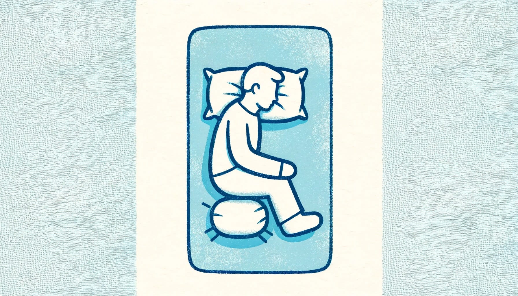 Illustration of a person lying on their back with pillows under their head and knees for support within a blue and beige frame, highlighting the health impacts of optimal sleeping positions.