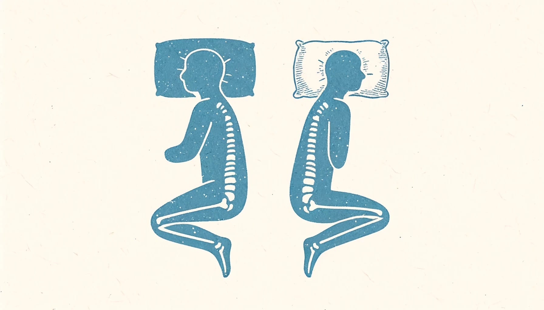 Illustration showing two sleeping positions: person on the left with a flat pillow, person on the right with a fluffy pillow, both highlighting spinal alignment and health impacts of sleep.