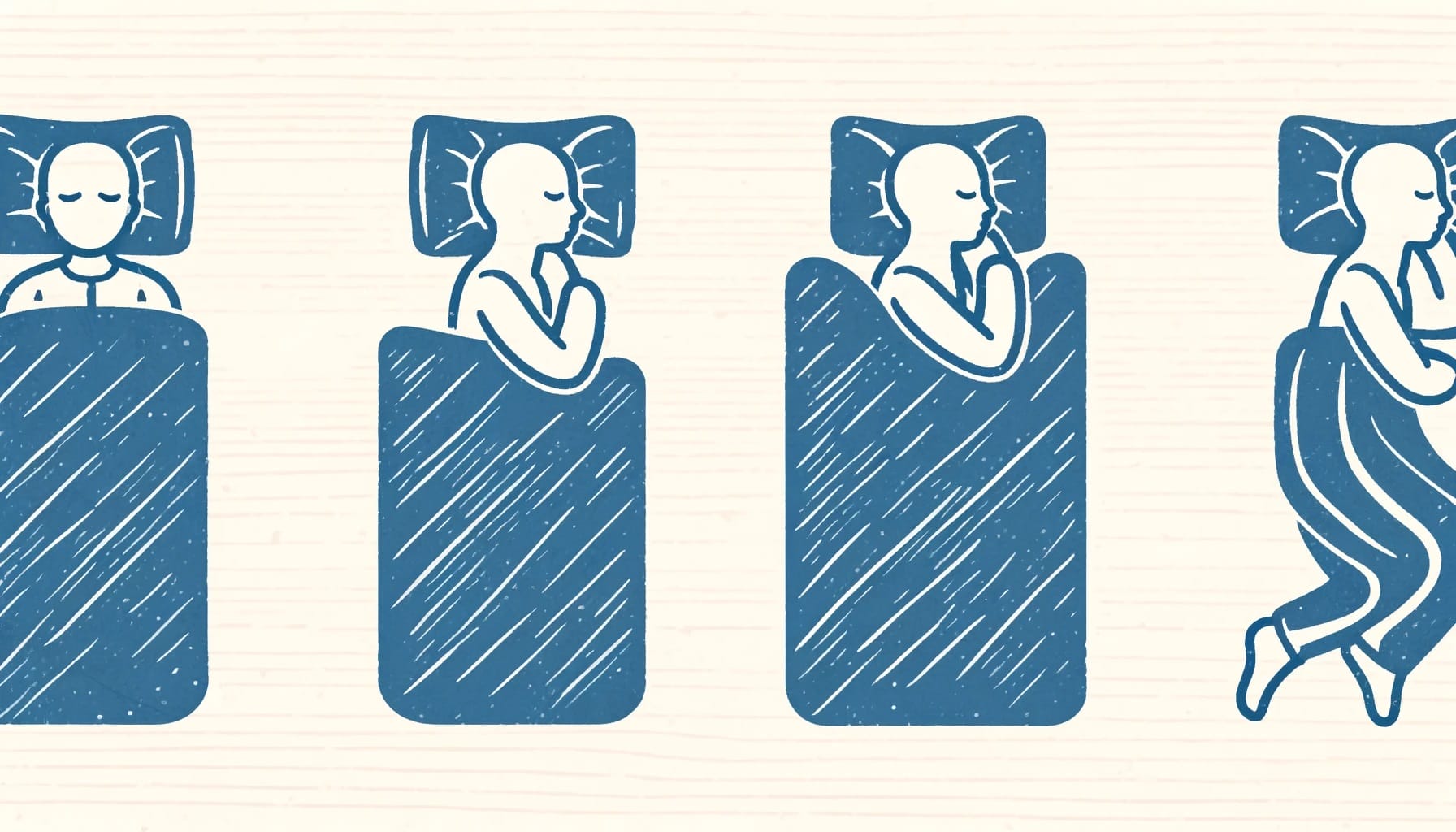 Illustration showing four sleeping positions and their health impacts, starting from lying on the back with a folded arm, then on the side, followed by a fetal position, ending with a snuggling position.